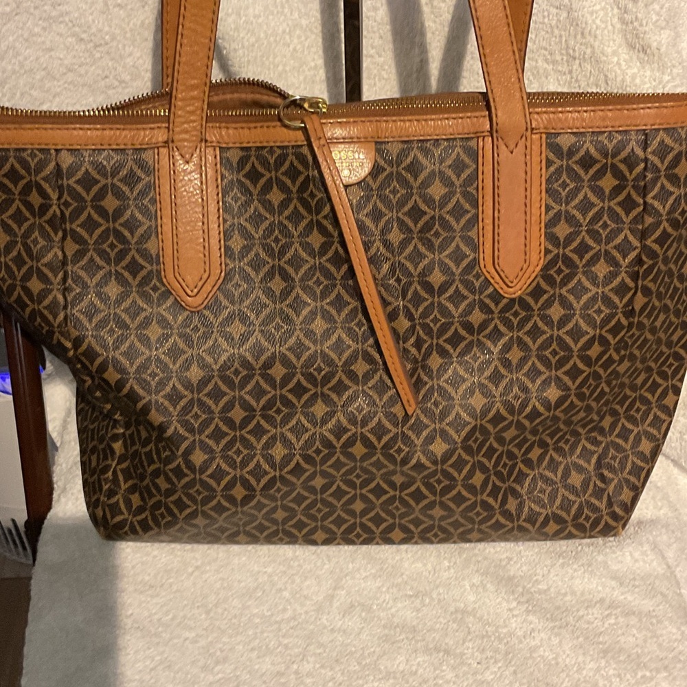 P448. Fossil Brown and Tan Treated Canvas Geometric Tote